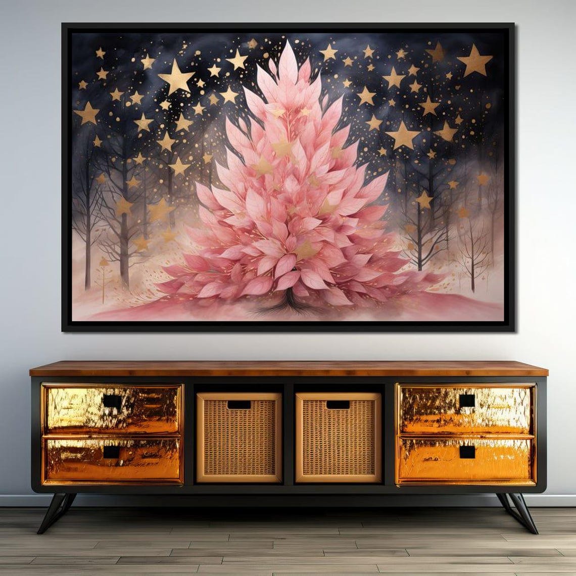 Pink Christmas Tree Gold Stars Night Botanical Holiday Wall Art - Image 3