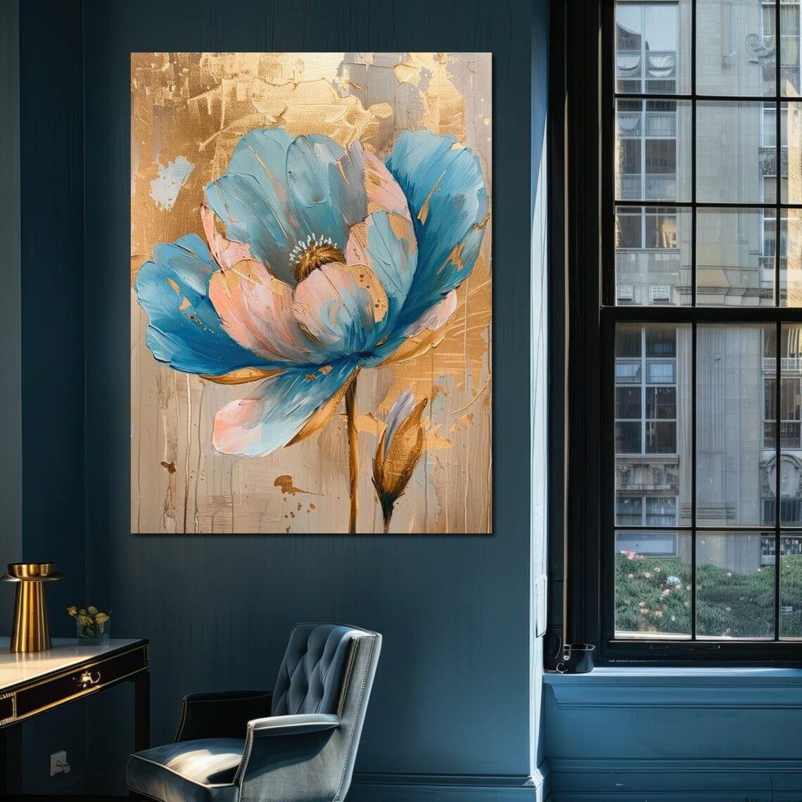 Blue Peach Poppy Flower Gold Textured Background Elegant Art Poster - Image 2