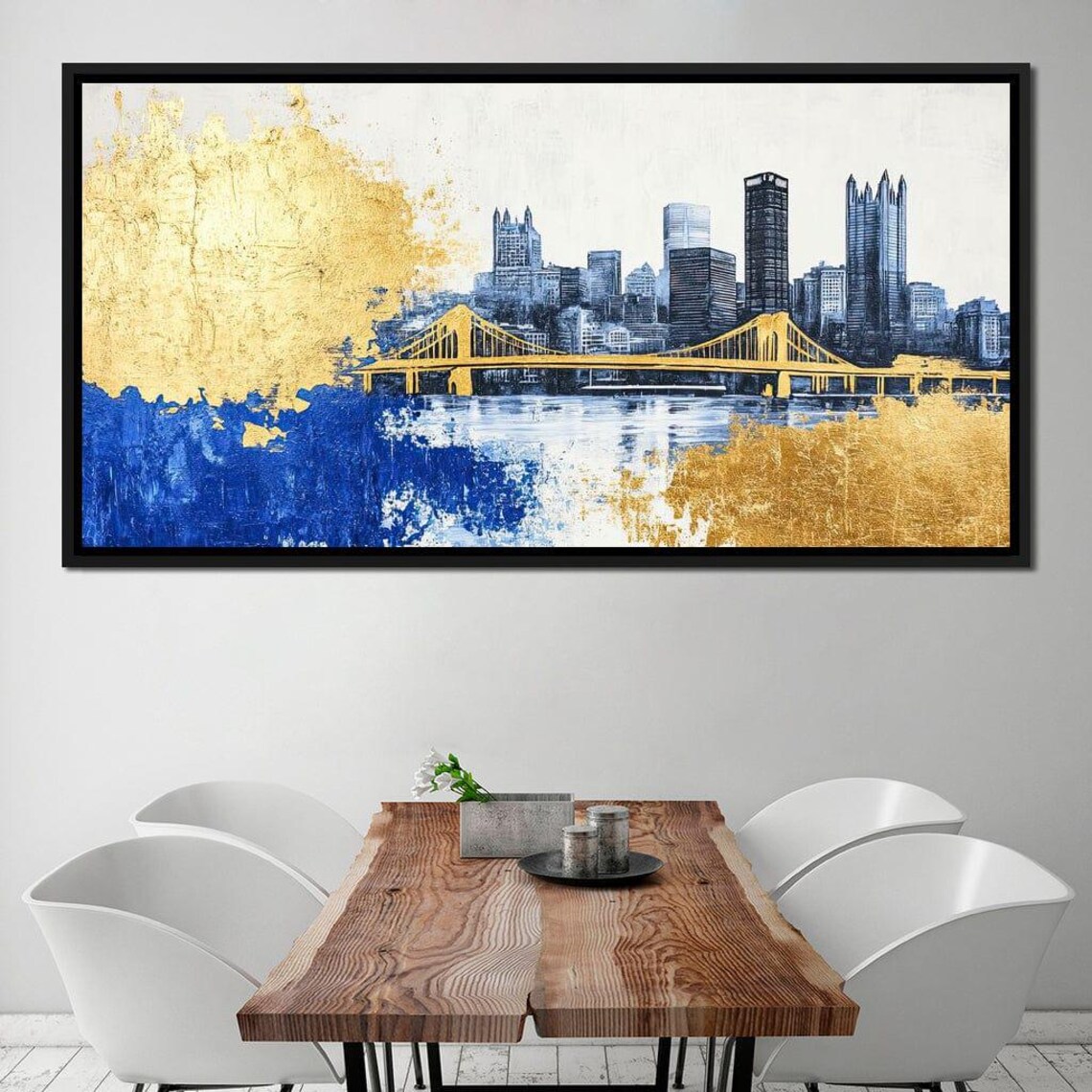 Golden Bridge City Skyline Blue Gold Watercolor Urban Poster - Image 2