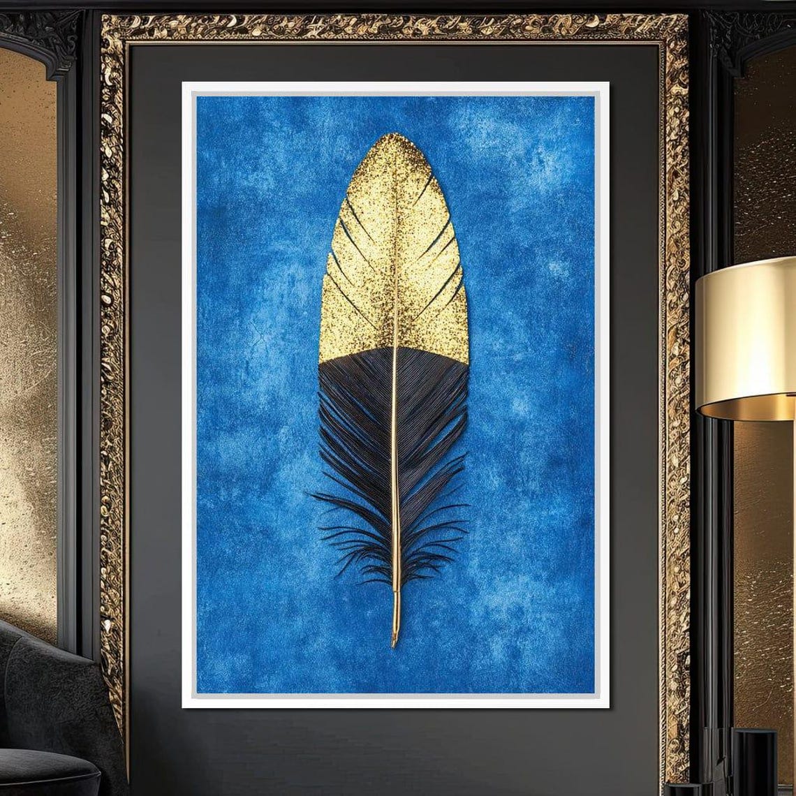 Gold Dipped Black Feather On Vibrant Blue Modern Statement Wall Art - Image 3