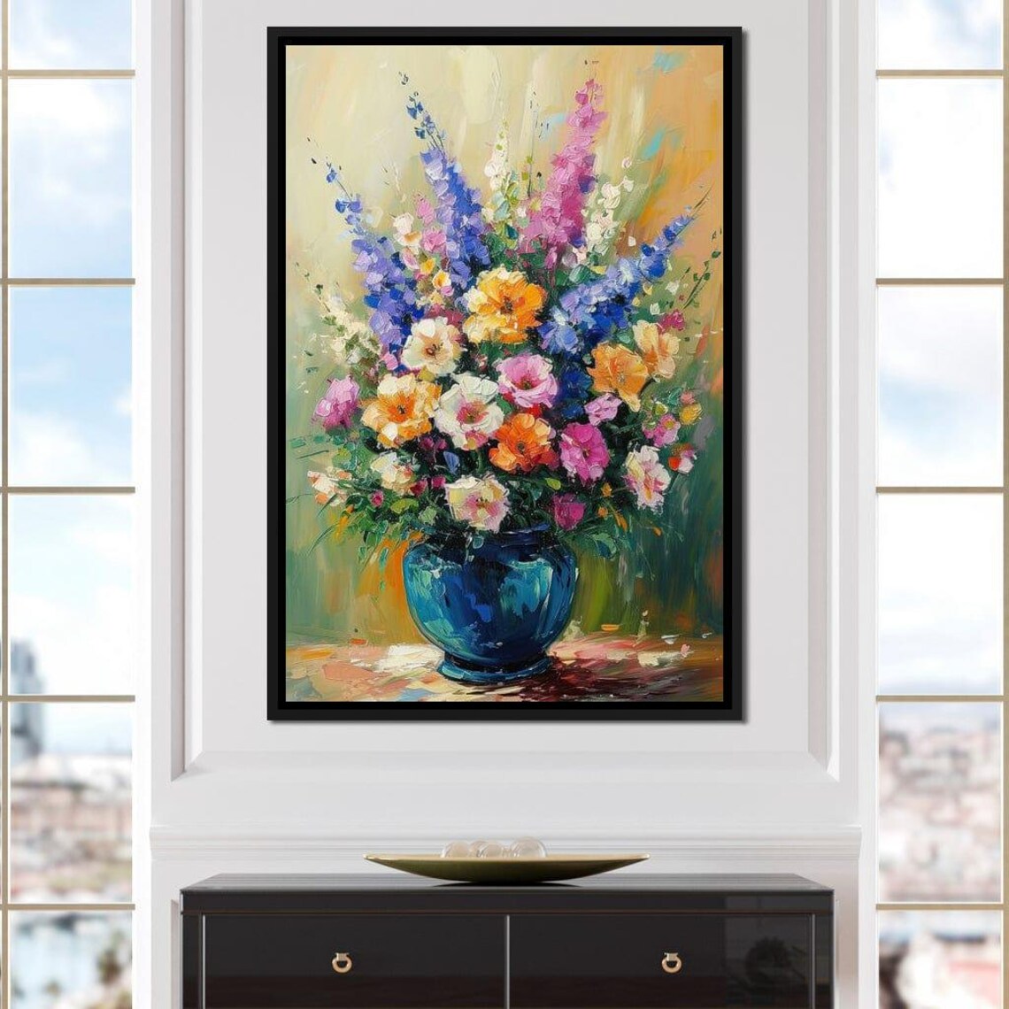 Colorful Wildflower Bouquet In Blue Vase Oil Painting Wall Art Print - Image 4