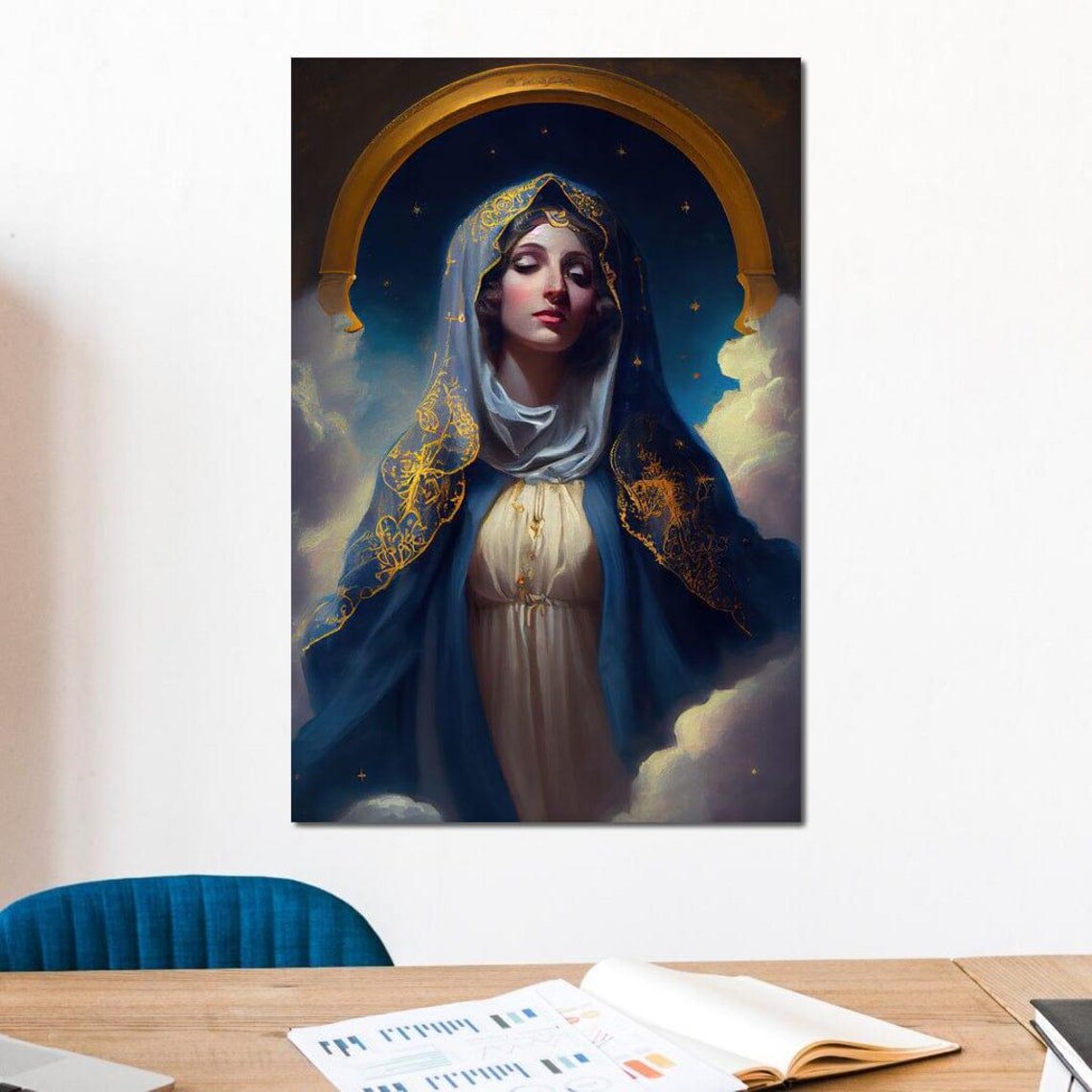 Virgin Mary Blue Mantle Golden Halo Clouds Heavenly Religious Wall Art - Image 3