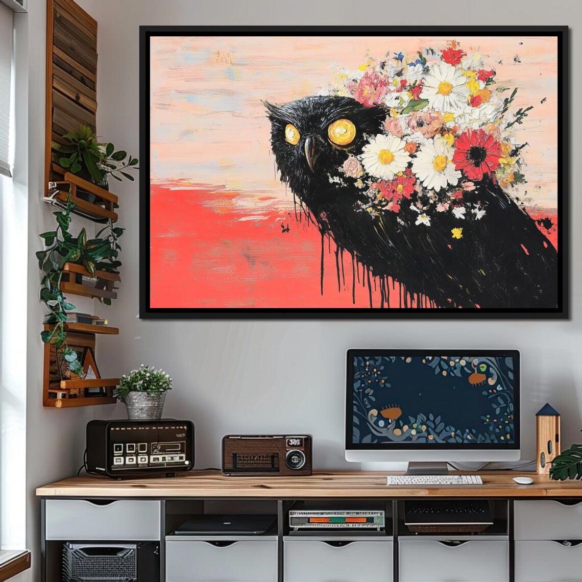 Black Owl Golden Eyes Colorful Daisy Flower Wildlife Wall Art Print