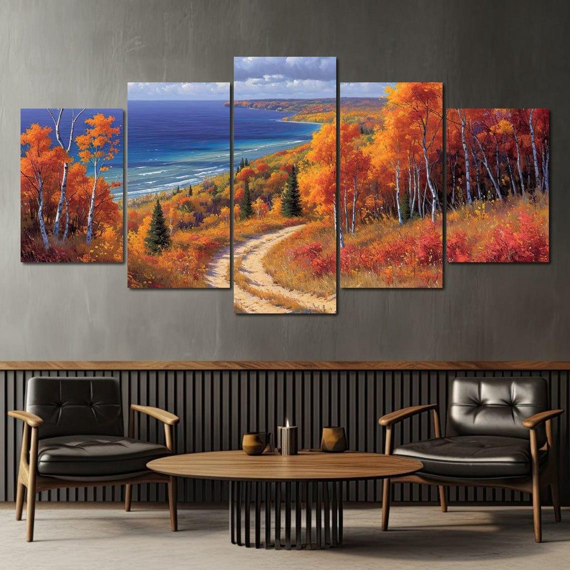 Autumn Birch Forest Path Blue Bay Five Panel Fall Travel Poster