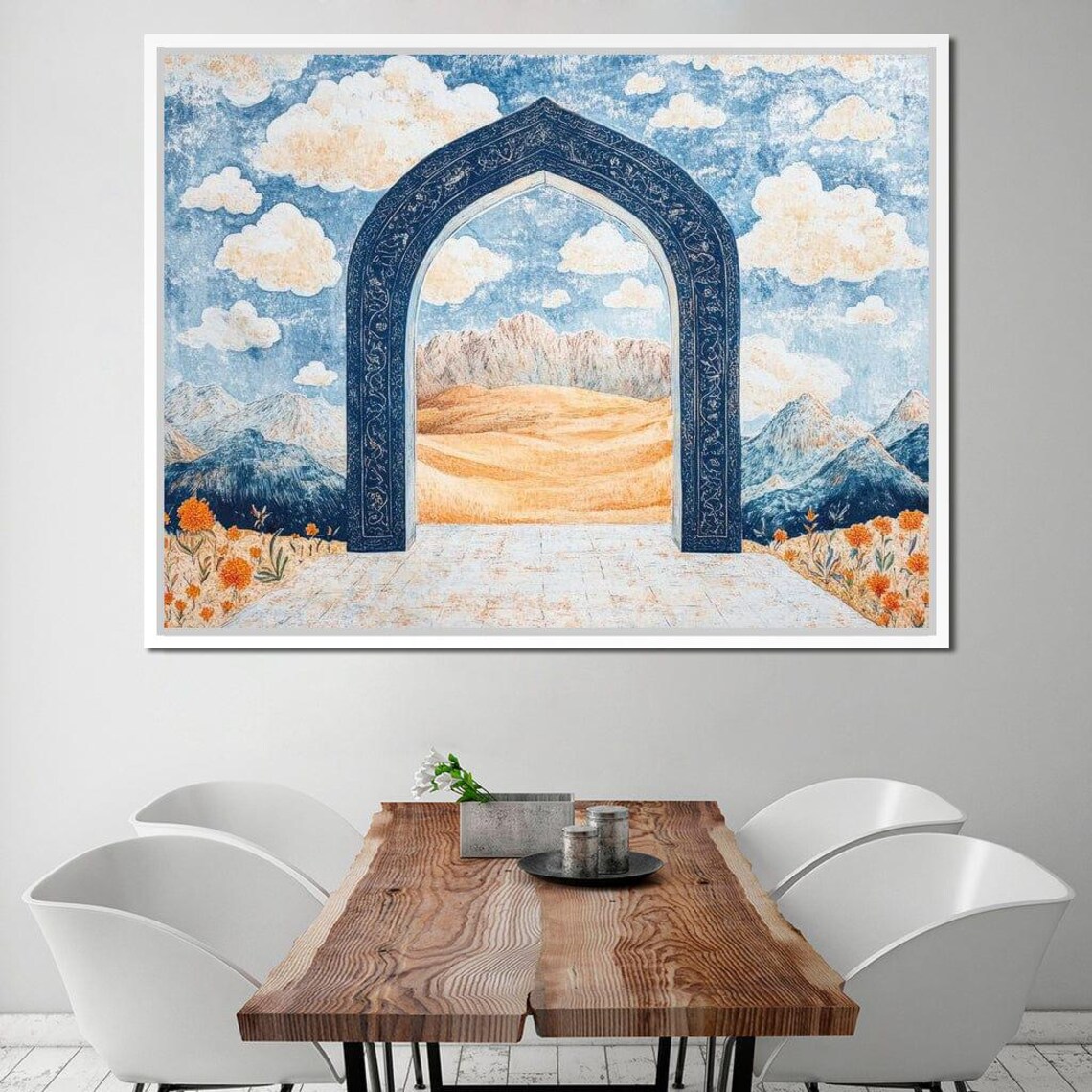 Blue Mosaic Arch Framing Golden Dunes Mountains And Cloudy Sky Poster - Image 3