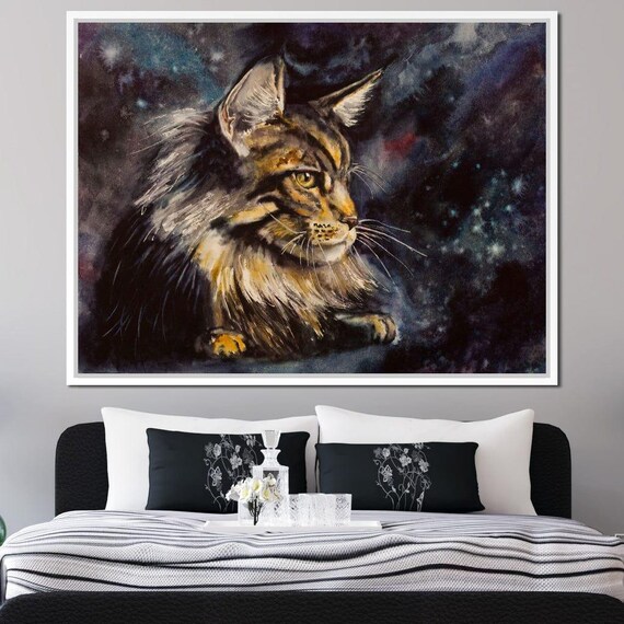 Maine Coon Cat Watercolor Night Sky Celestial Feline Wall Art