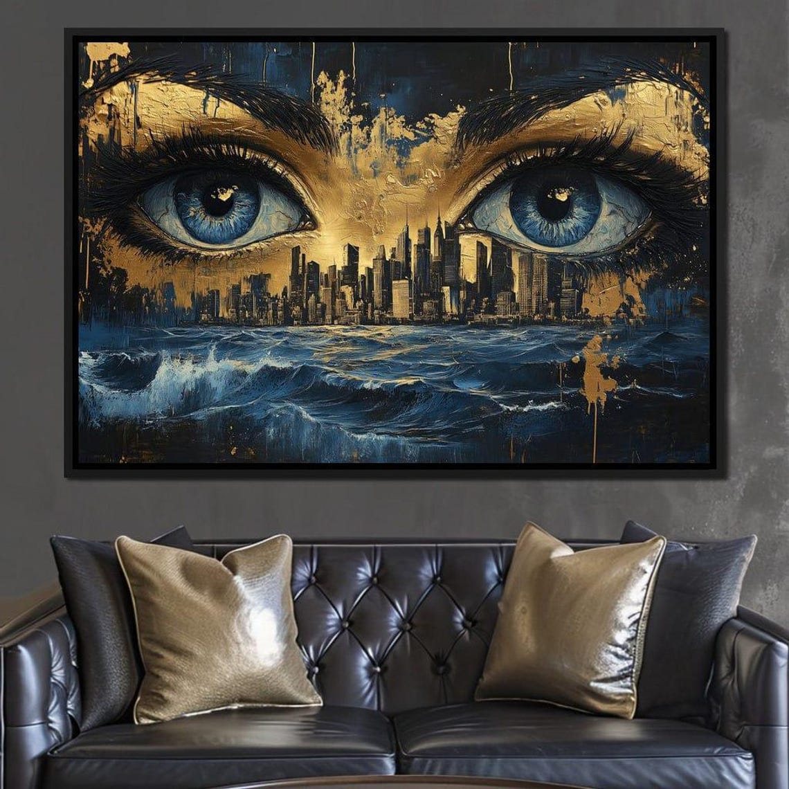 Golden Blue Eyes Night City Skyline Ocean Waves Mystic Wall Art