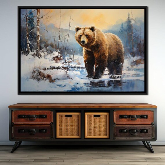 Grizzly Bear Snowy Winter River Wilderness Wildlife Painting Wall Art Poster