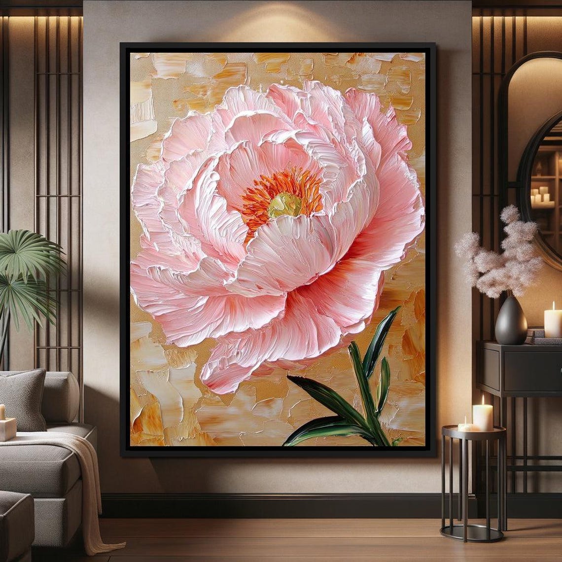 Blush Pink Peony Golden Background Thick Impasto Floral Art Print