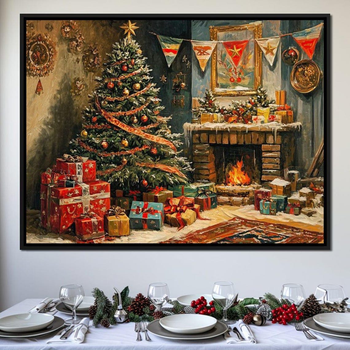 Vintage Christmas Living Room Tree Fireplace Gifts Festive Poster - Image 4