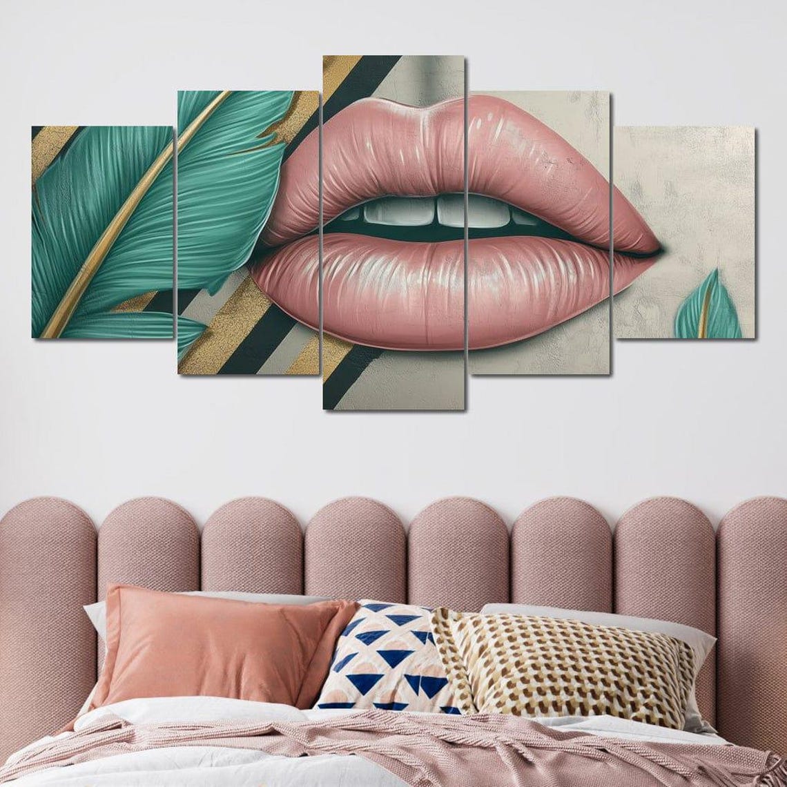 Pink Glossy Lips Tropical Green Leaf Multi Panel Modern Pop Poster - Image 3