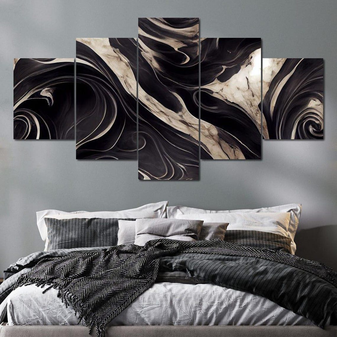 Black White Monochrome Marble Waves Five Panel Abstract Wall Art