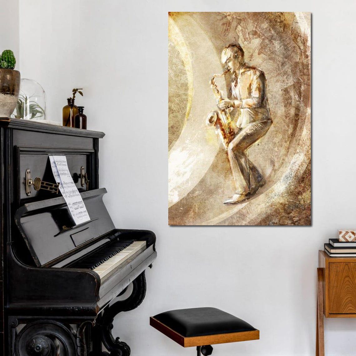 Jazz Saxophone Player Sepia Vintage Artistic Music Painting Wall Art - Image 4