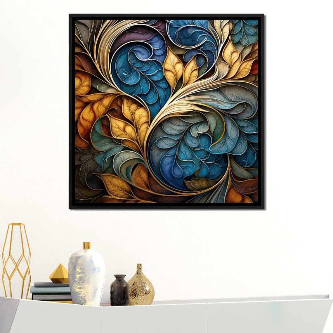 Blue Gold Swirling Leaf Fractal Pattern Abstract Modern Wall Art - Image 3