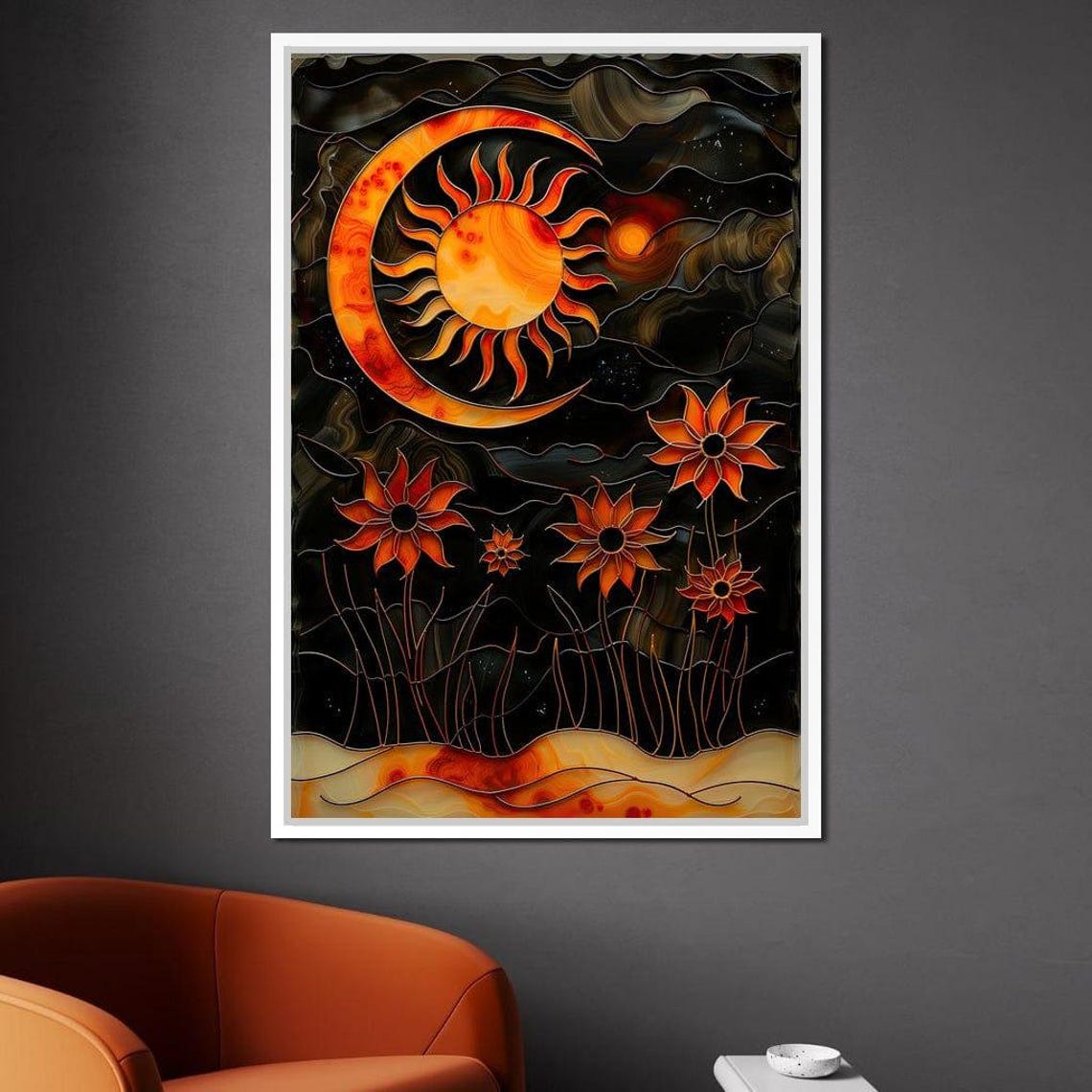 Solar Eclipse Stained Glass Sun Crescent Moon Orange Floral Wall Art - Image 2
