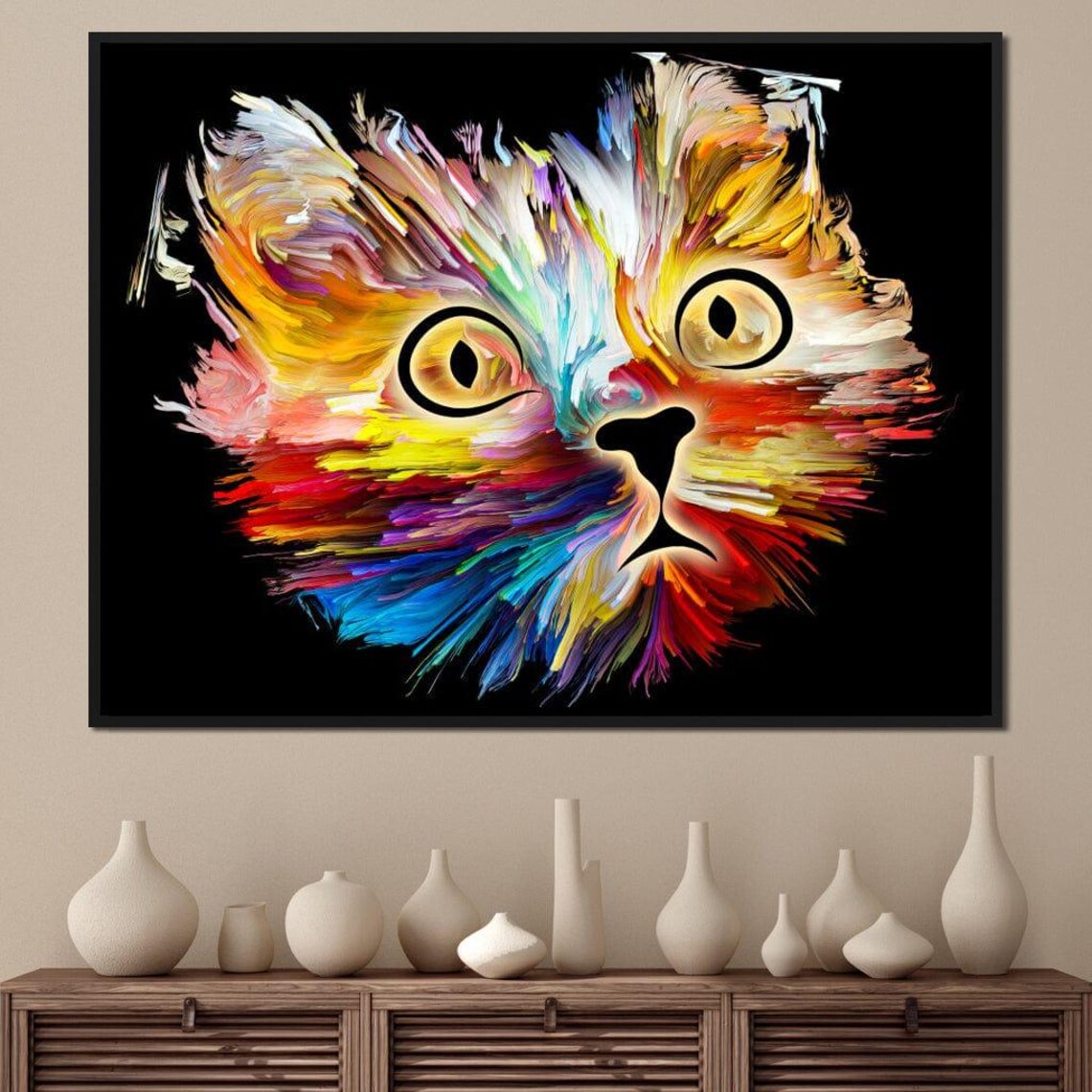 Rainbow Brushstroke Cat Face Black Background Colorful Whimsical Art Poster - Image 2