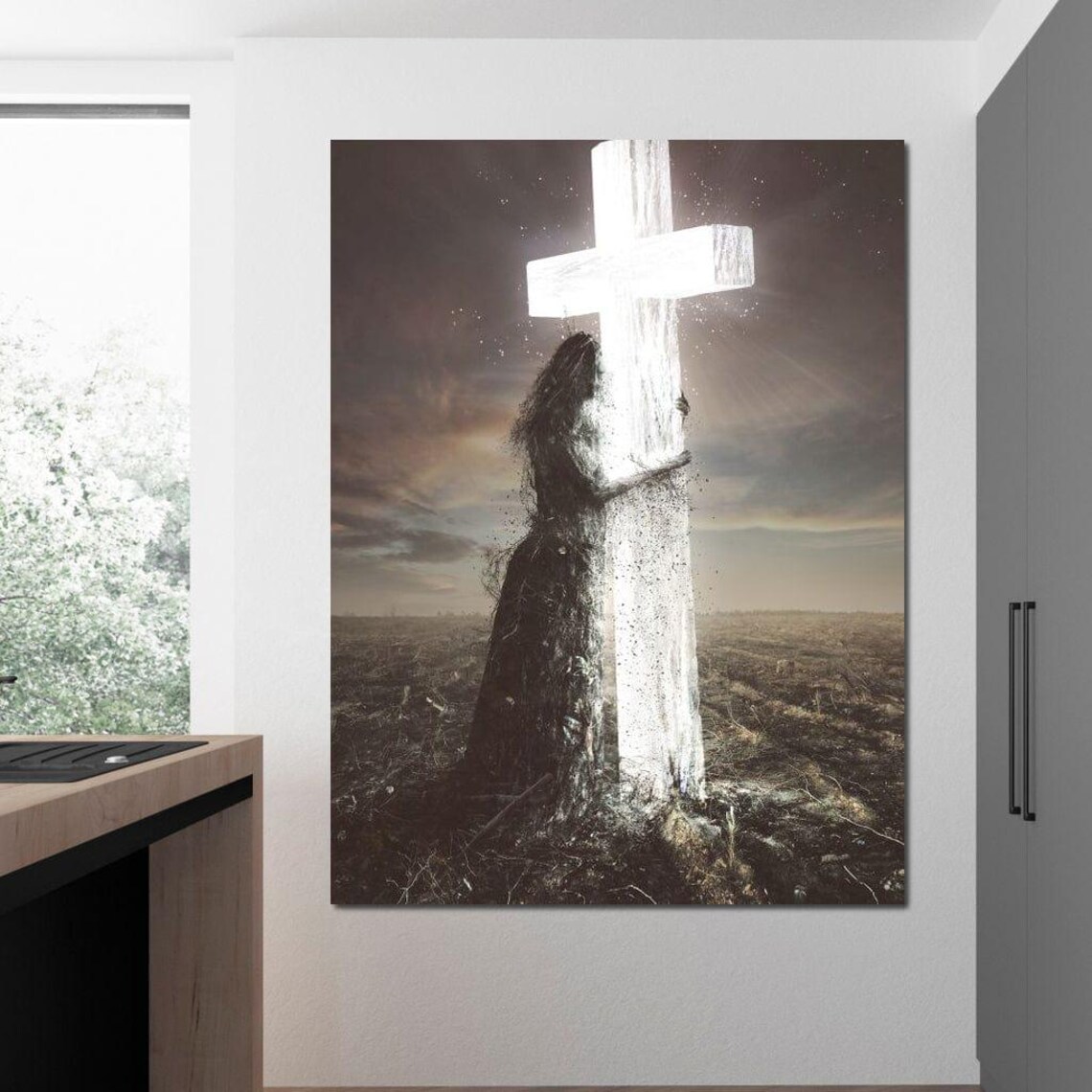 Woman Embracing Glowing Cross Black White Spiritual Faith Hope Wall Art - Image 3