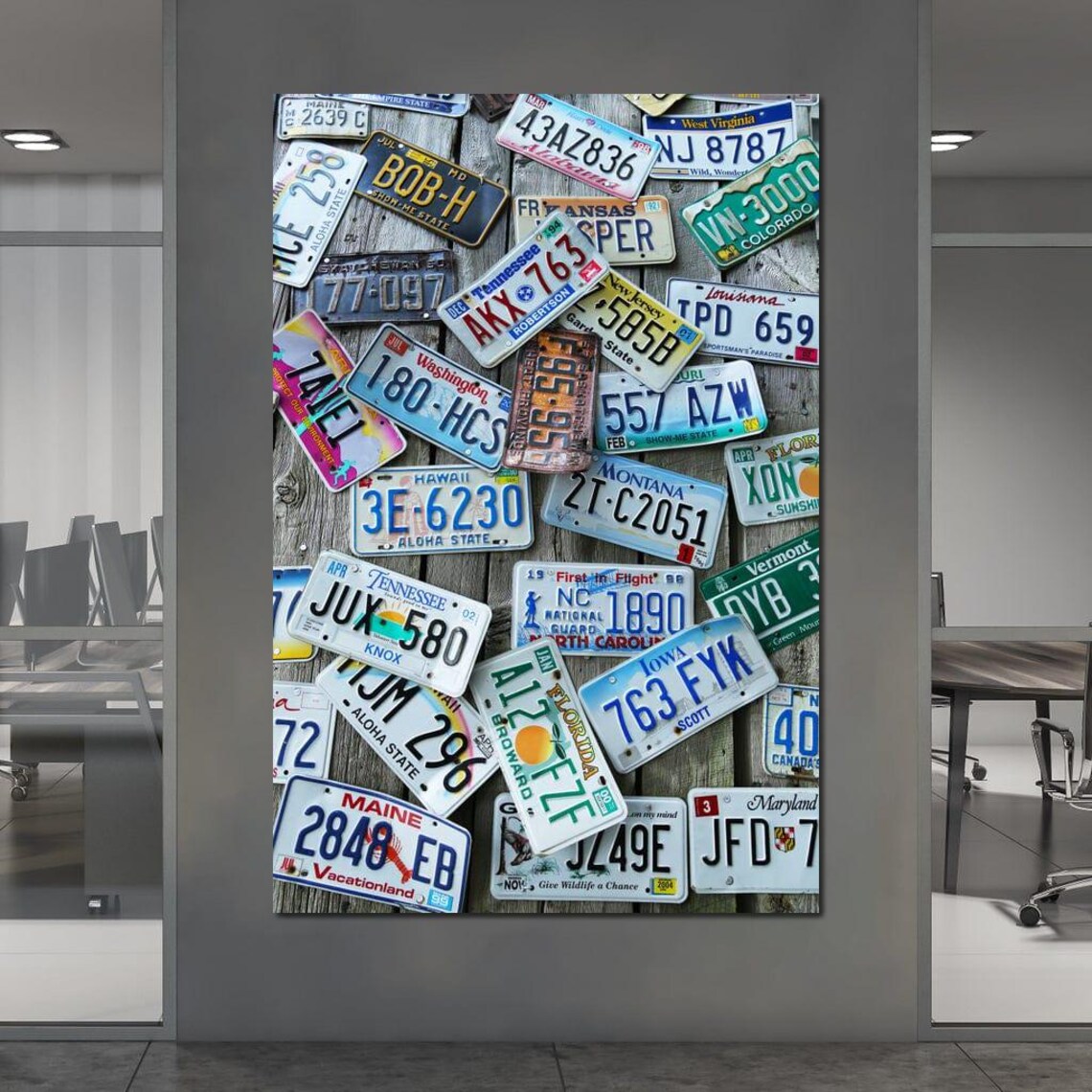Vintage US License Plates Collage Weathered Wood Road Trip Wall Art - Image 3