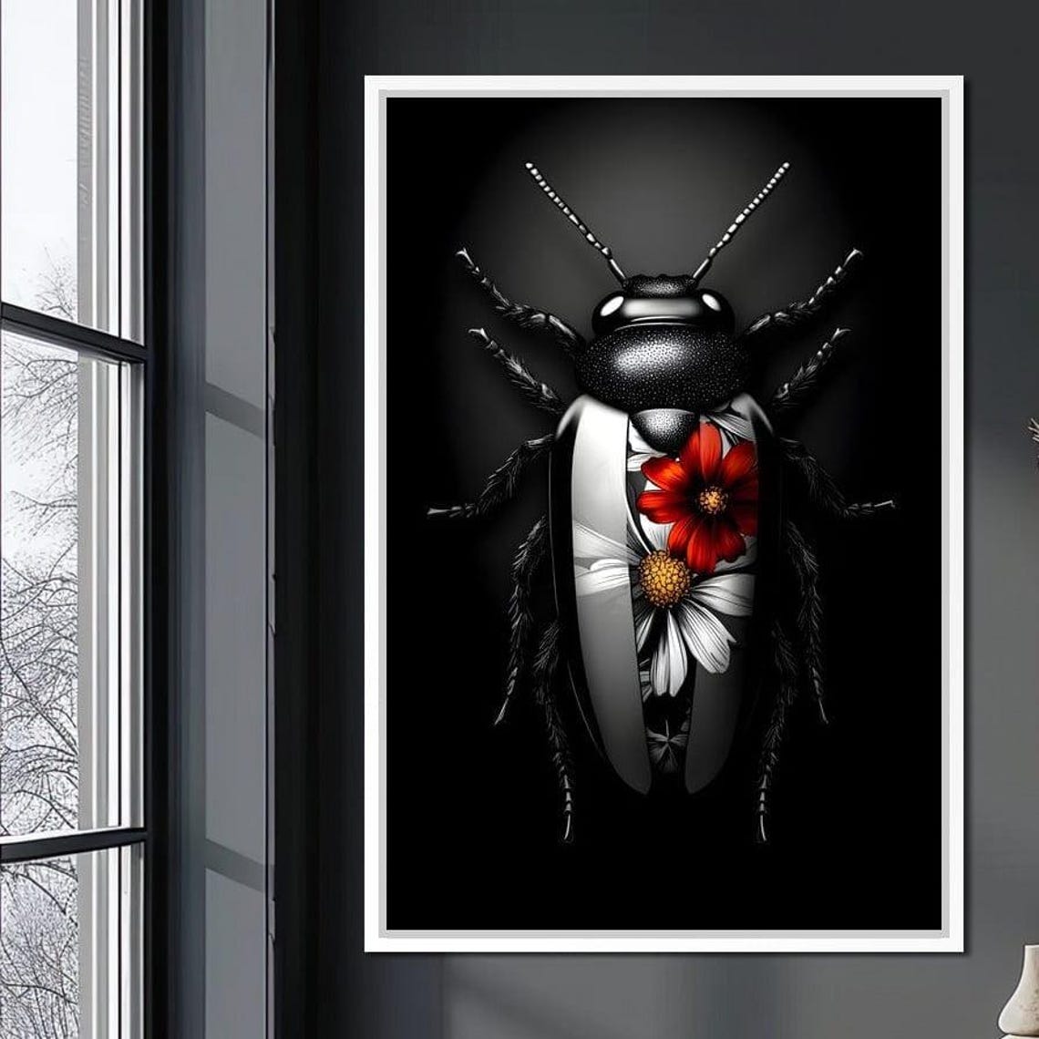 Long Black Beetle With Red And White Floral Patterned Wings Poster - Image 4