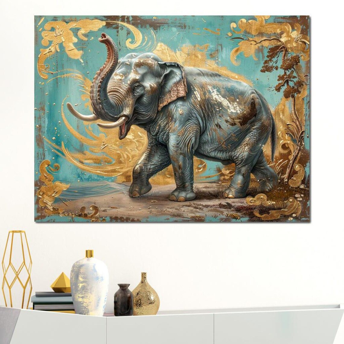 Triumphant Elephant Raised Trunk Turquoise Gold Wildlife Wall Art - Image 4