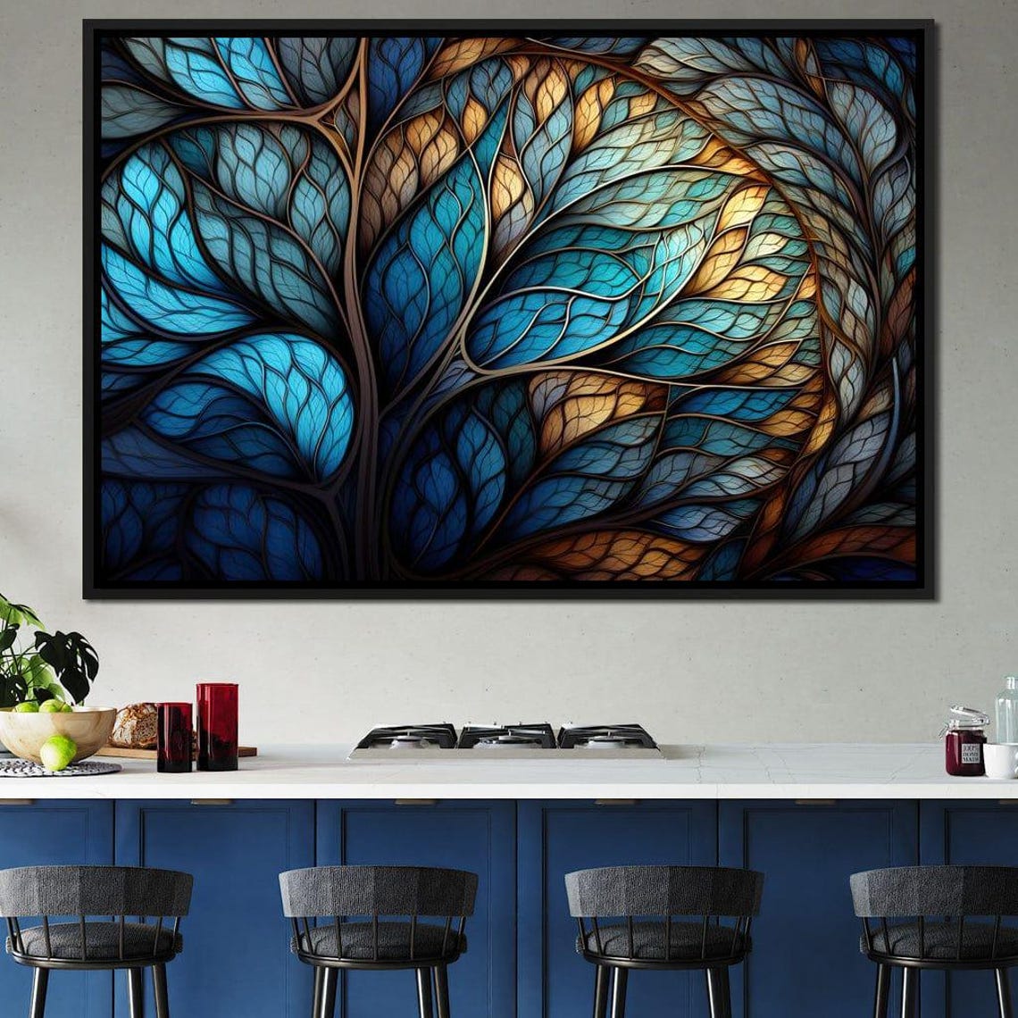 Mosaic Stained Glass Leaves Turquoise Beige Five Panel Wall Art Poster - Image 3