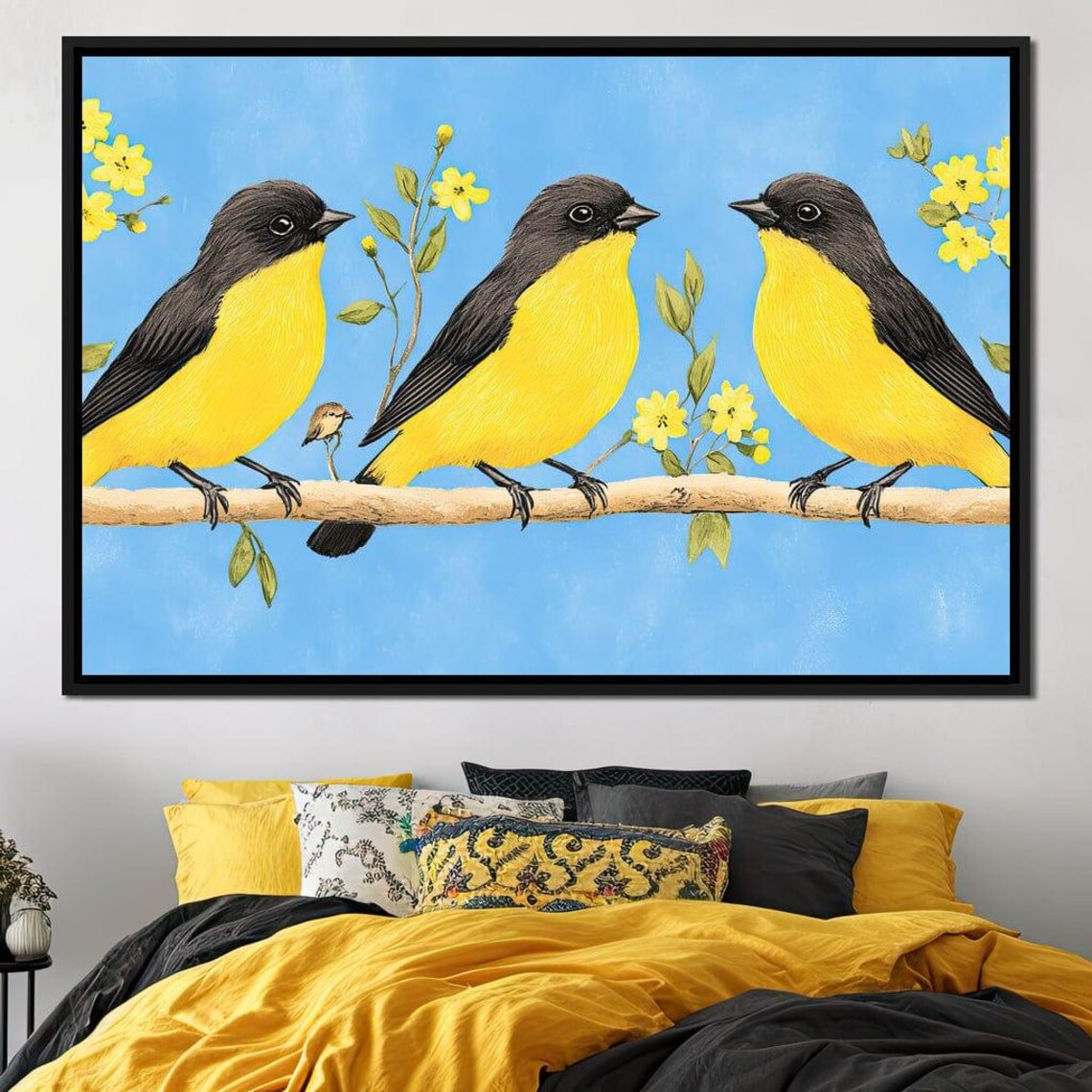 Songbird Trio Yellow and Black Birds on Blossom Branch Wall Art Poster