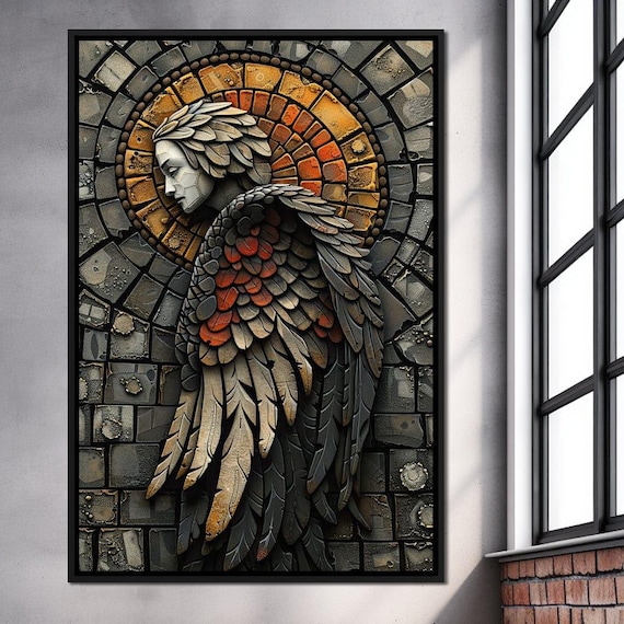 Ethereal Angel Guardian Mosaic Angel Wall Art Spiritual Home Decor Unique Gray Orange Artwork Mystical Design By Nichecanvas