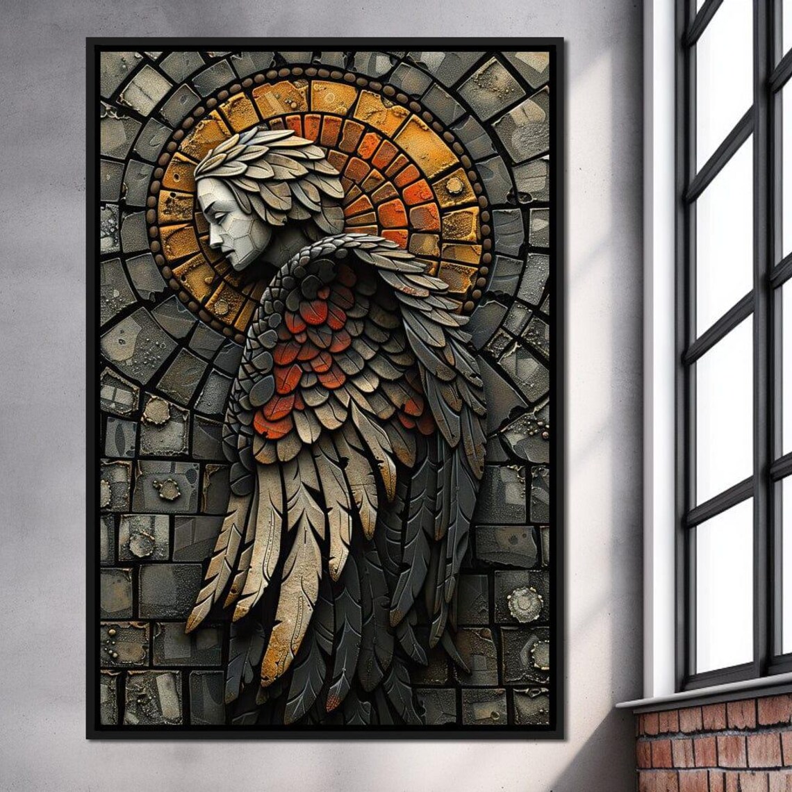 Guardian Angel Mosaic Stone Wings Orange Halo Spiritual Decor Wall Art