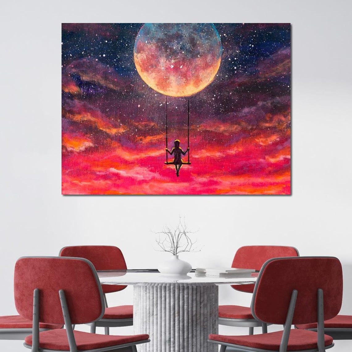 Girl Swinging From Giant Moon Starry Pink Sky Fantasy Dream Art Poster - Image 3