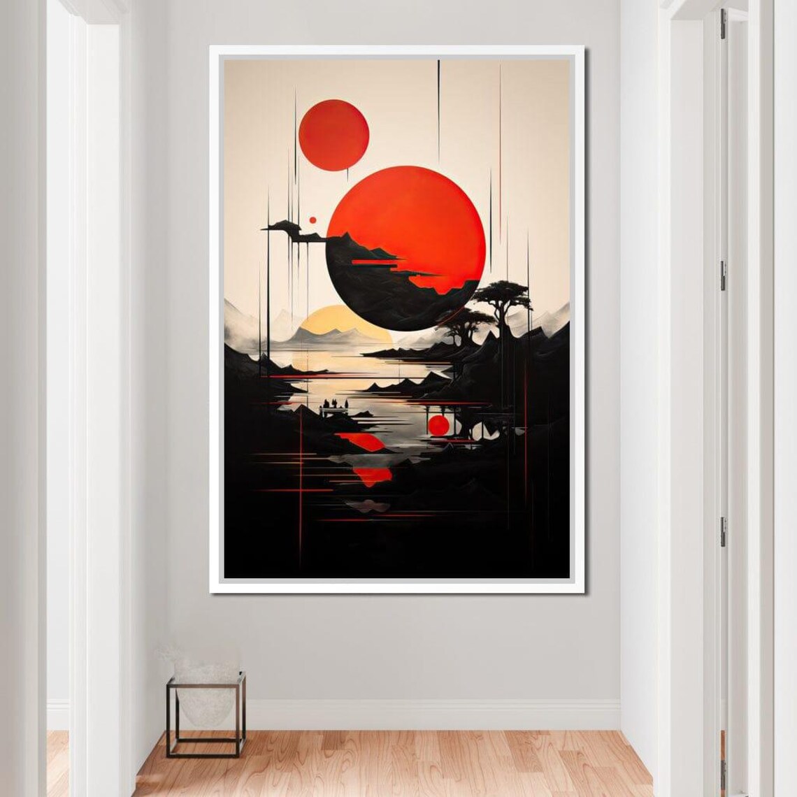 Japanese Red Sun Black Pine Misty Lake Minimalist Abstract Wall Art - Image 4