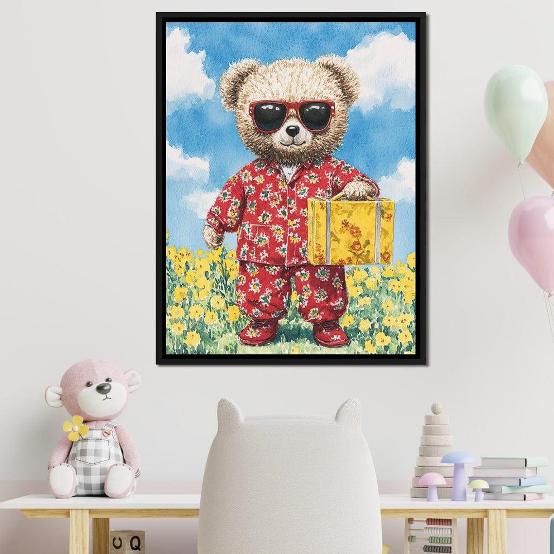 Cool Teddy Bear In Sunglasses With Yellow Suitcase Kids Room Wall Art - Image 4