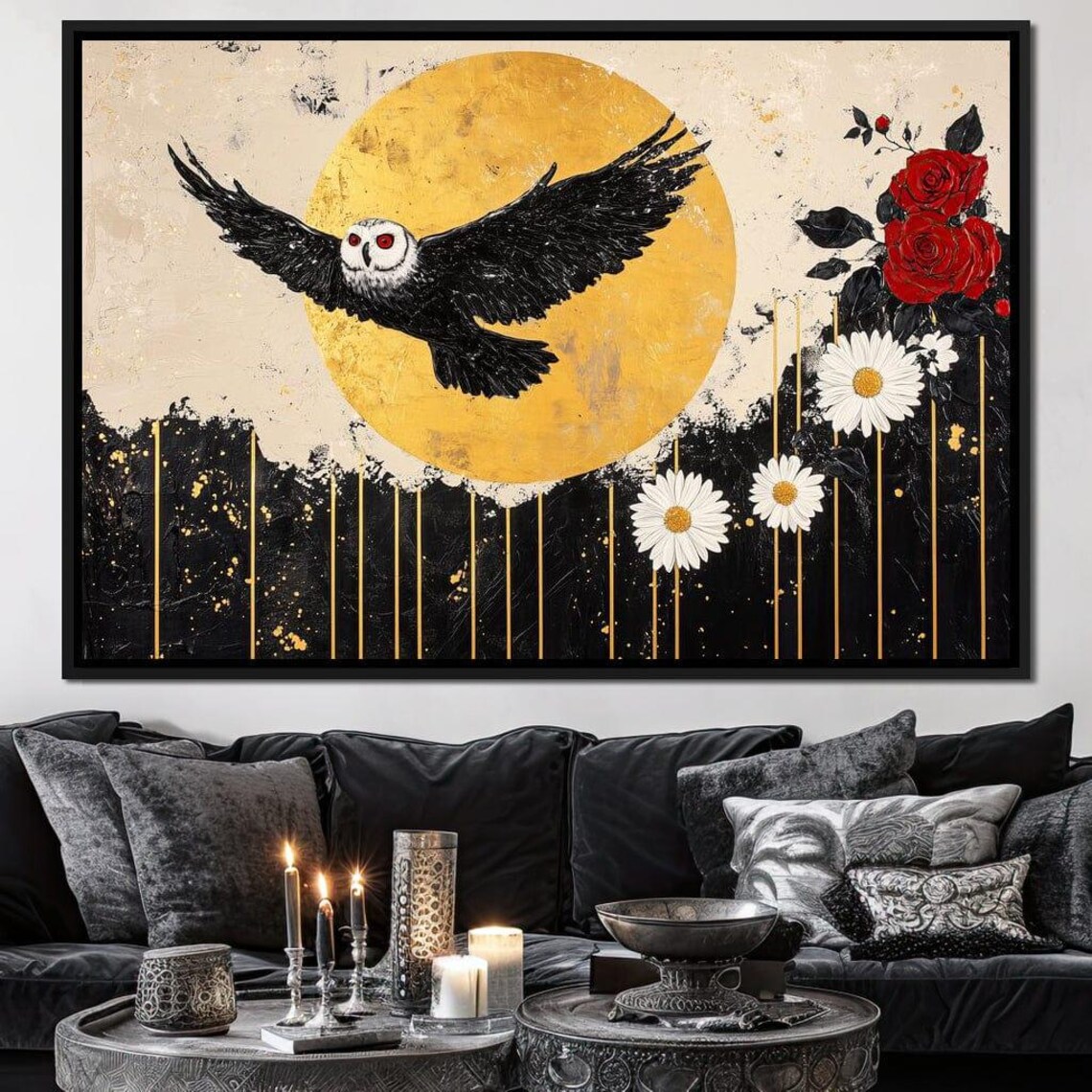 Black Barn Owl Flying Under Golden Moon Roses Daisies Art Poster - Image 4