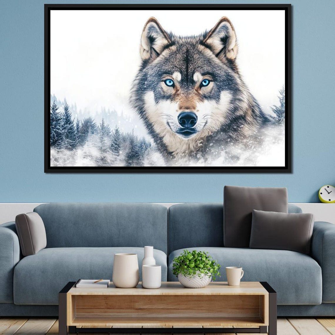 Arctic Wolf Blue Eyes Snowy Pine Forest Winter Wildlife Wall Art - Image 2