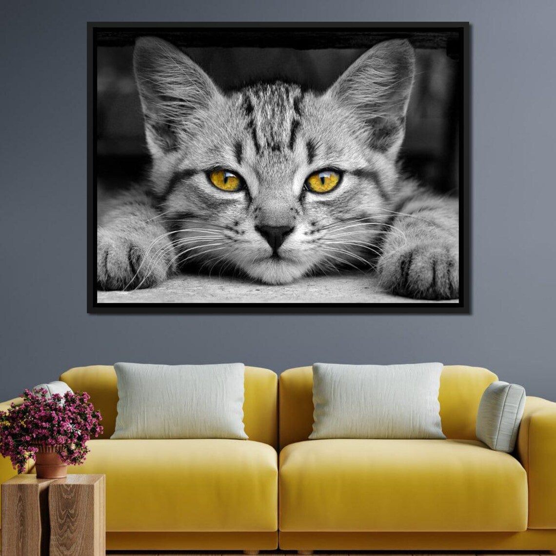 Black White Tabby Cat With Yellow Eyes Minimalist Feline Photography Wall Poster - Image 4