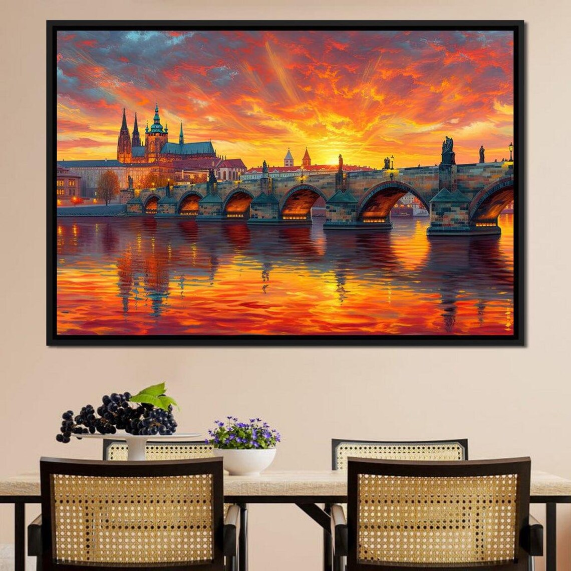 Prague Charles Bridge Sunset Fiery Sky River Reflections Travel Poster - Image 2