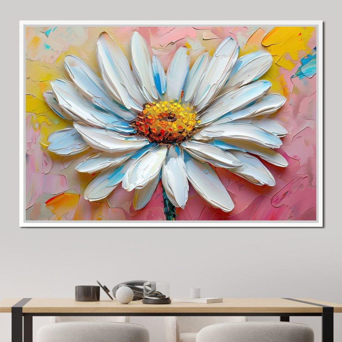 Giant White Daisy Impasto Bloom Sunny Pastel Floral Wall Art Poster - Image 3