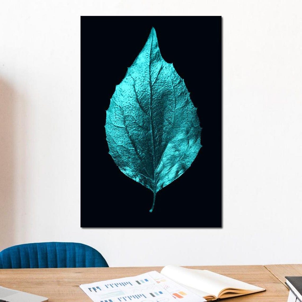 Metallic Turquoise Leaf Black Background Minimal Botanical Art Poster - Image 4