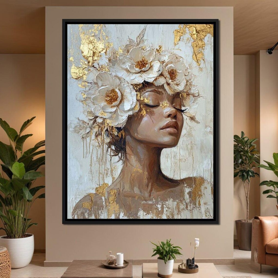 Elegant Woman White Flower Crown Gold Leaf Dreamy Portrait Art Poster