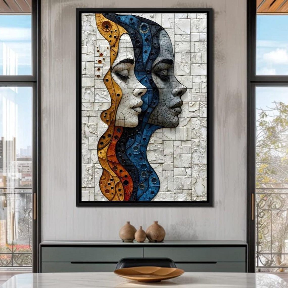 Mosaic Dual Faces Gold Amber Blue Tiled Portrait Modern Wall Art