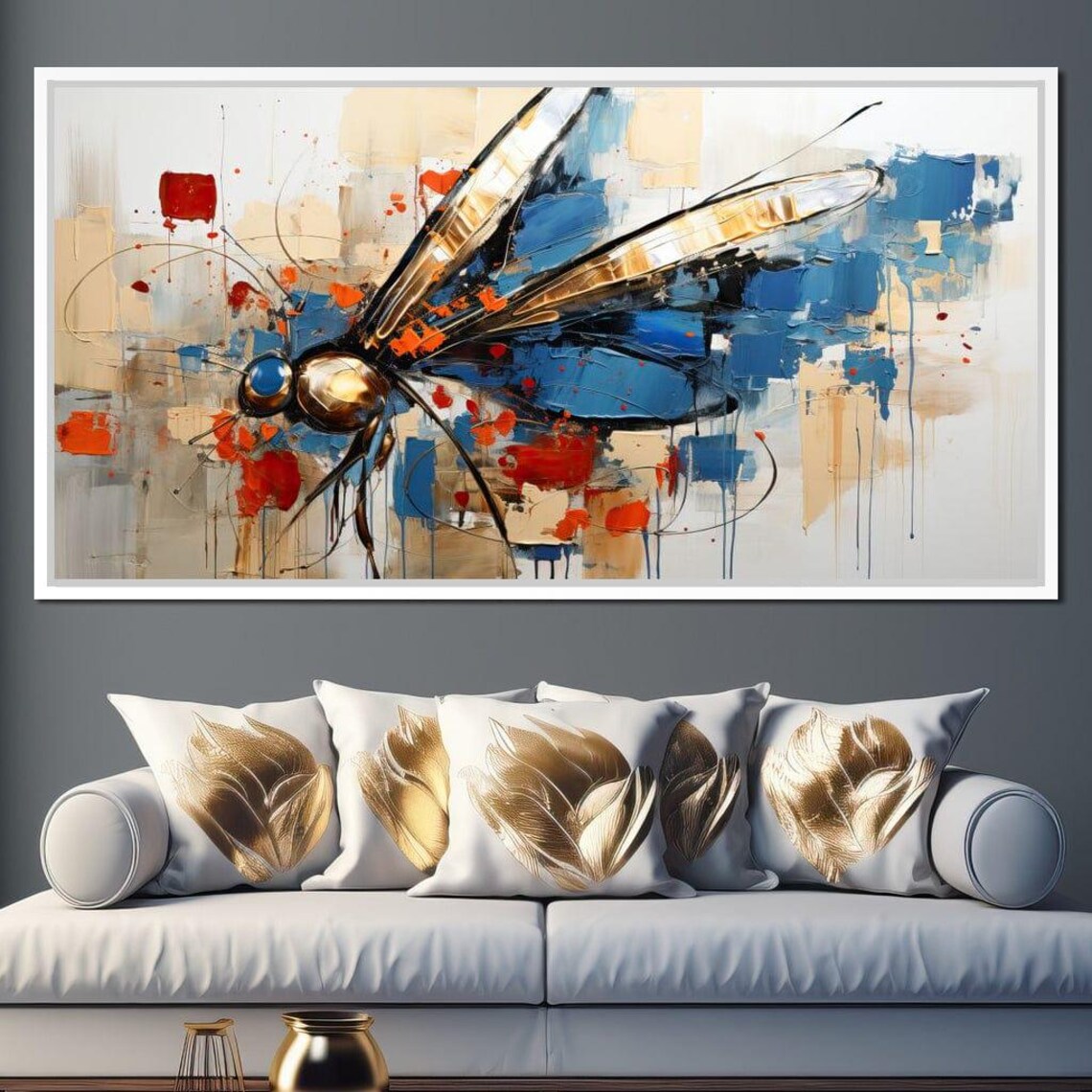 Golden Dragonfly Abstract Blue Red Impasto Insect Wall Art Poster - Image 4