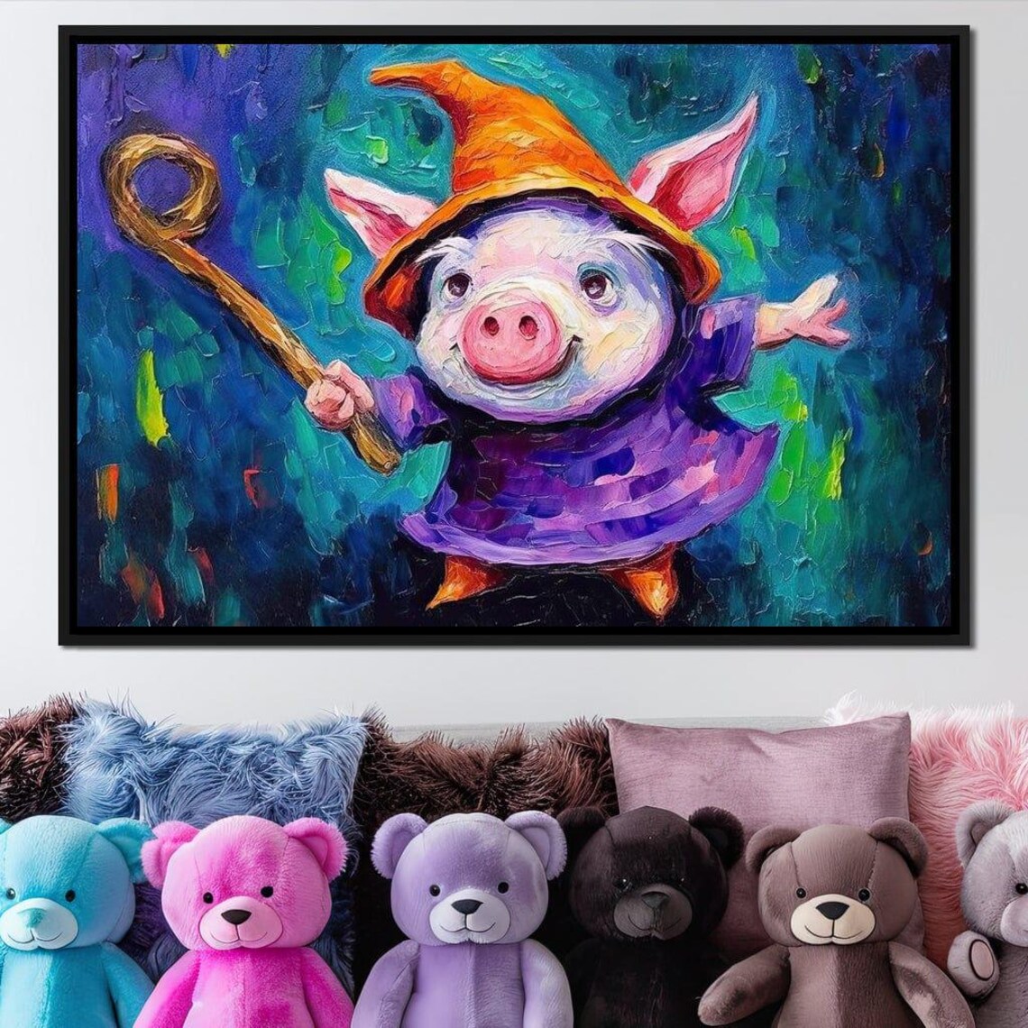 Piglet Wizard Cute Magic Hat Wand Purple Robe Kids Fantasy Art Poster