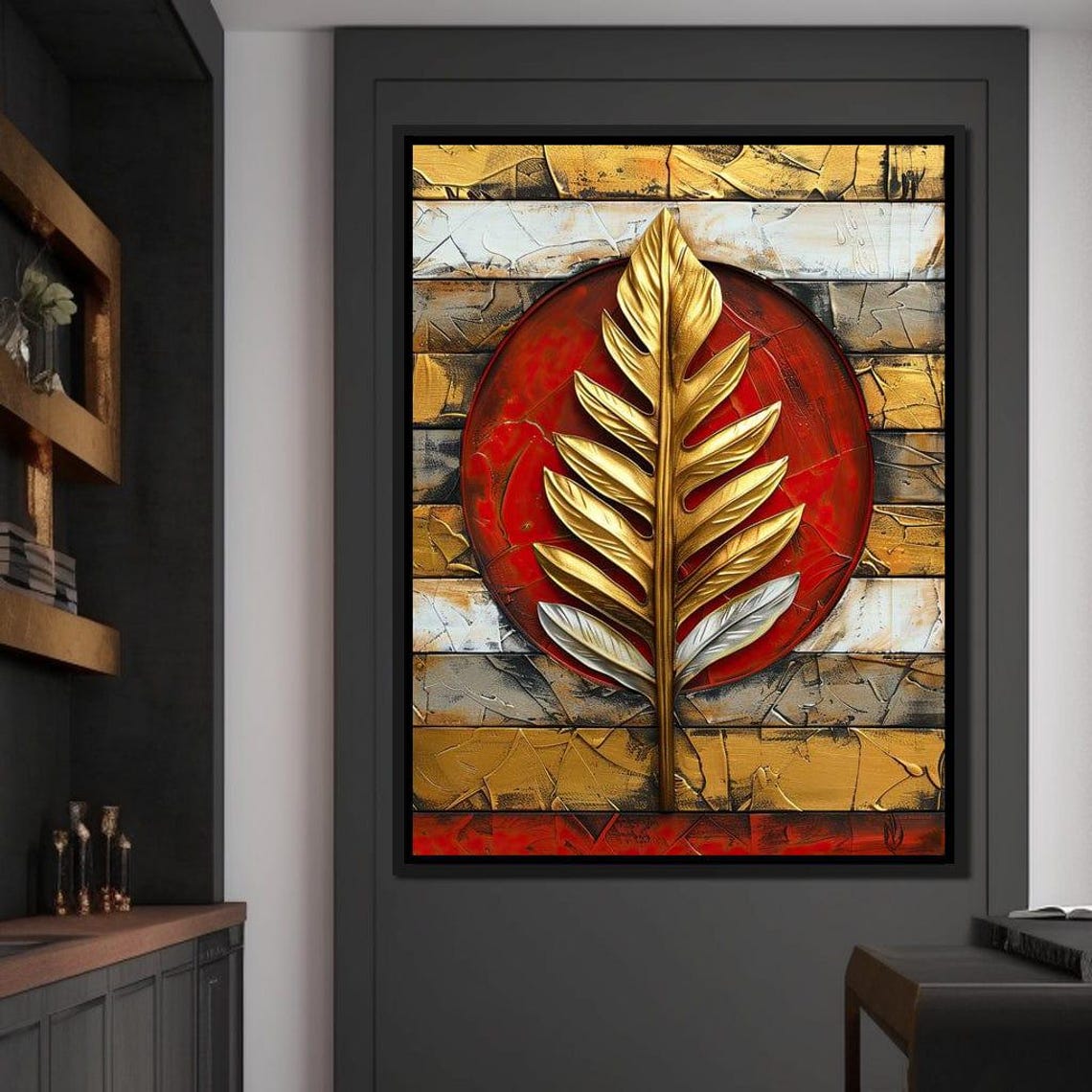 Golden Leaf Red Sun Textured Wood Panel Botanical Abstract Wall Art - Image 3
