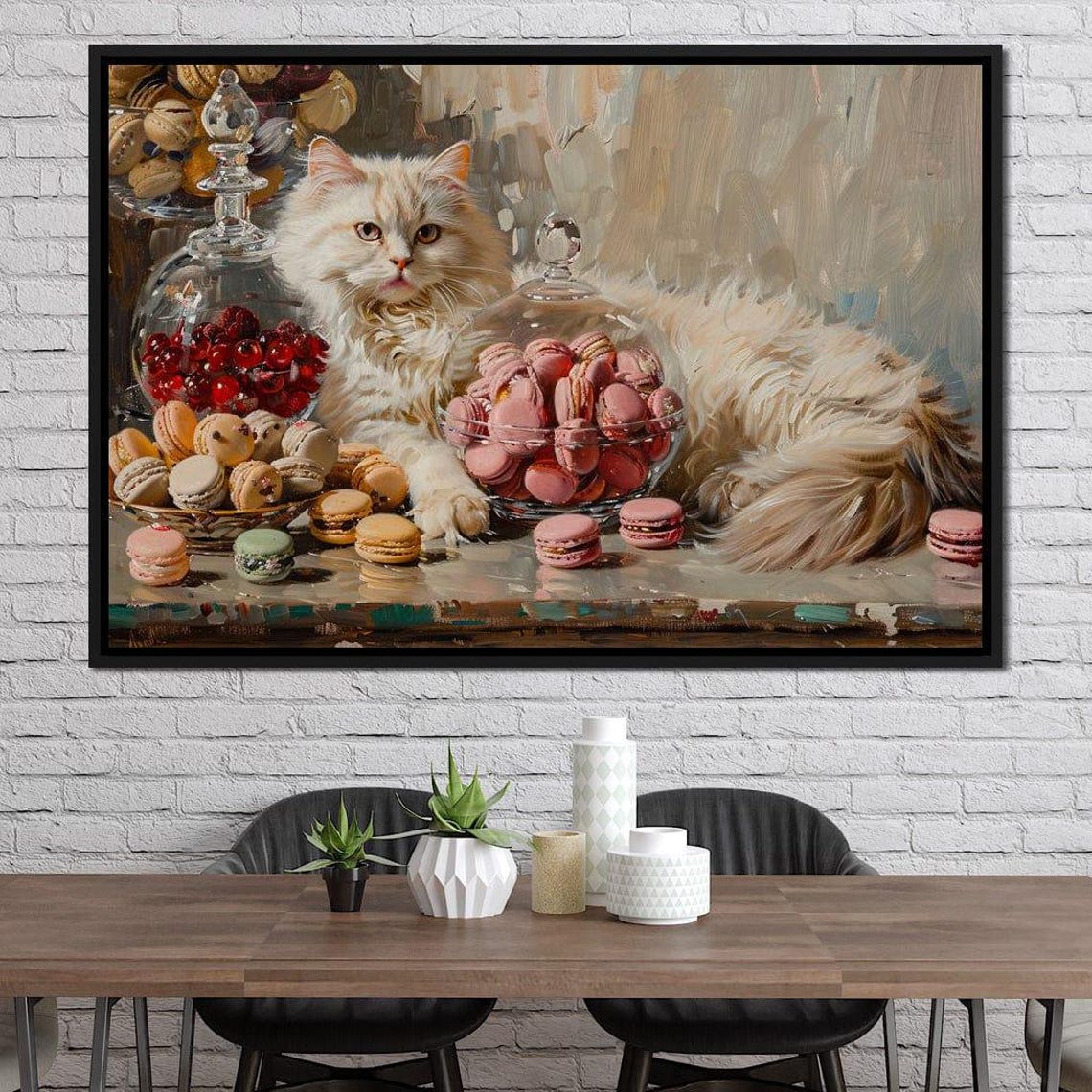 White Fluffy Cat Among Macarons And Sweets Still Life Art Poster