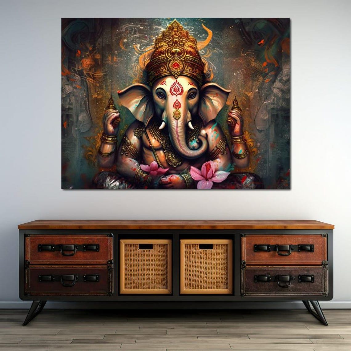 Lord Ganesha Golden Crown Lotus Blossoms Sacred Hindu Blessing Poster - Image 3