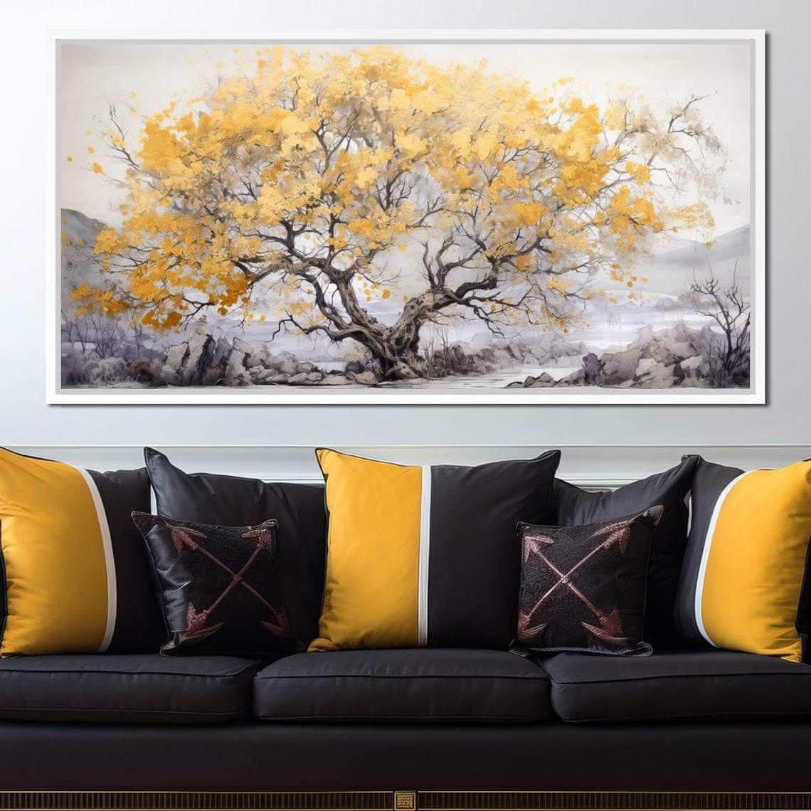 Golden Tree Of Life Misty Mountains Serene Nature Minimalist Wall Art - Image 3