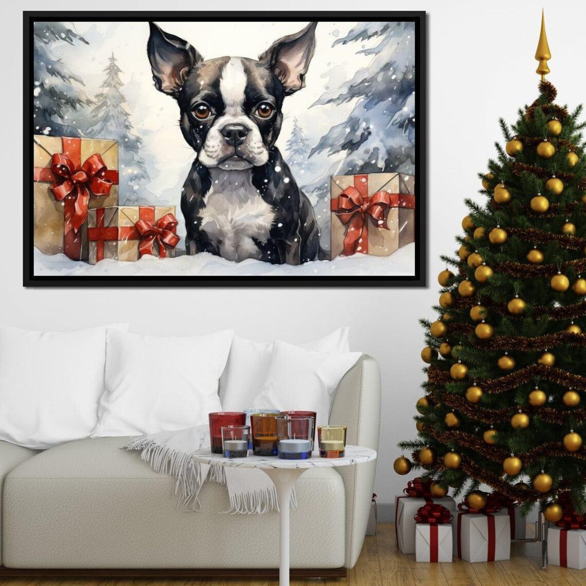 Boston Terrier Puppy Christmas Gifts Snowy Holiday Dog Wall Poster - Image 4