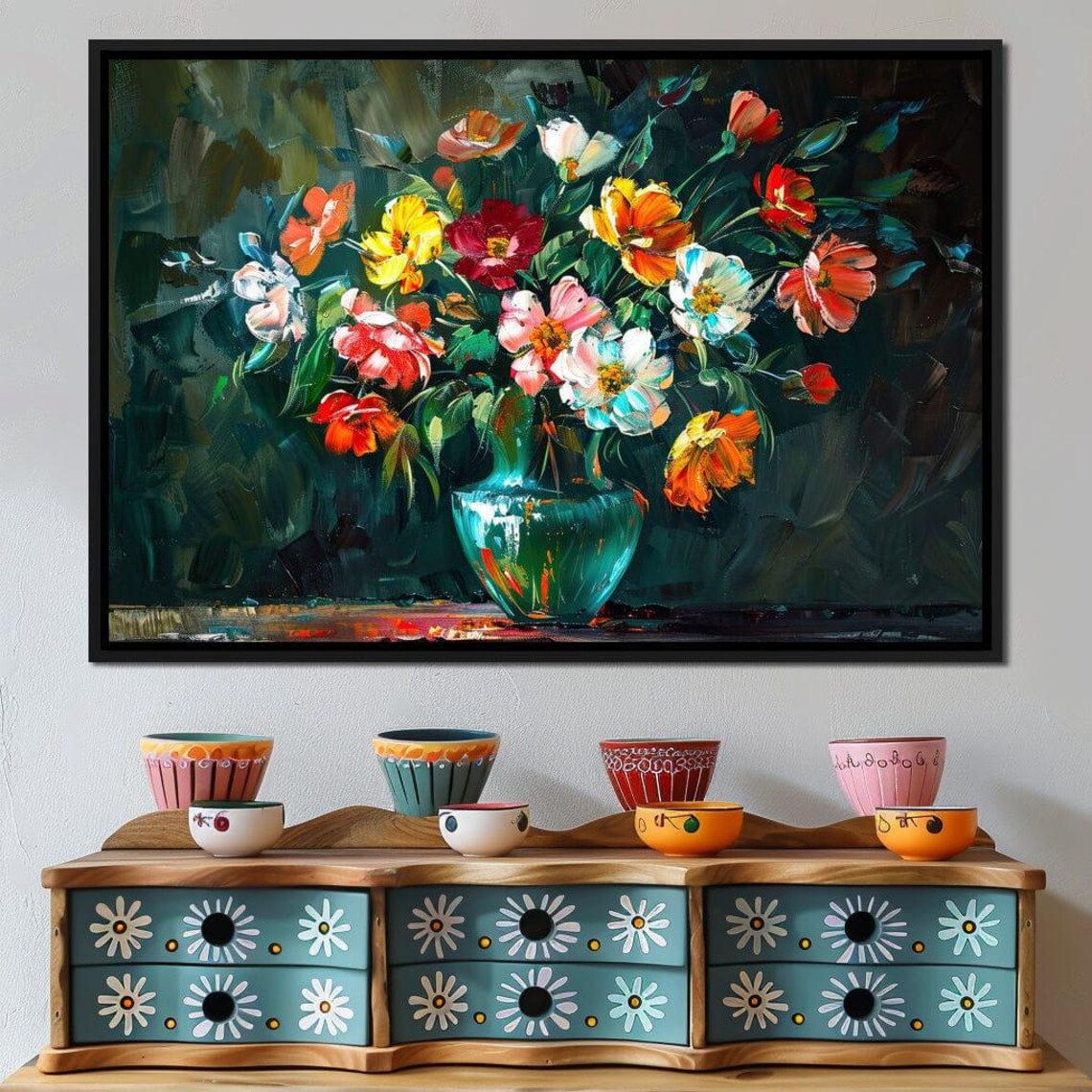 Colorful Garden Bouquet Oil Painting Green Vase Floral Wall Art Poster