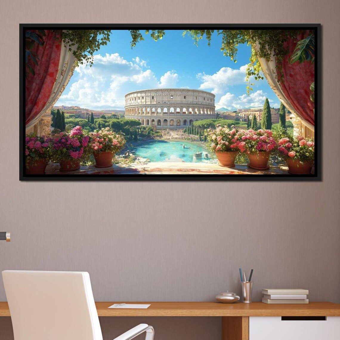Rome Colosseum Terrace View Red Curtains Floral Veranda Travel Poster - Image 2