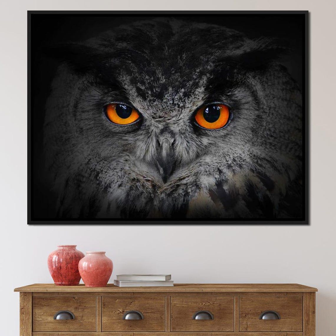 Black Owl Piercing Orange Eyes Dark Dramatic Wildlife Art Poster - Image 2