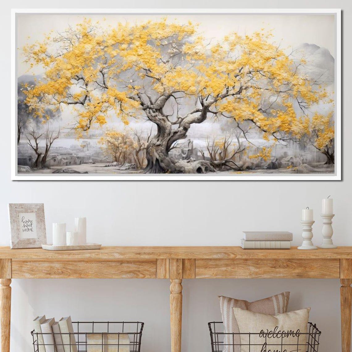 Golden Blossom Tree Misty Grey Landscape Serene Autumn Nature Wall Art